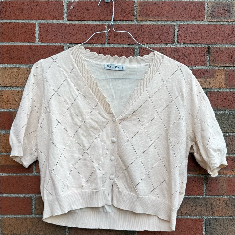 Grace Karin Cream Argyle Knit Cardigan – Size XL